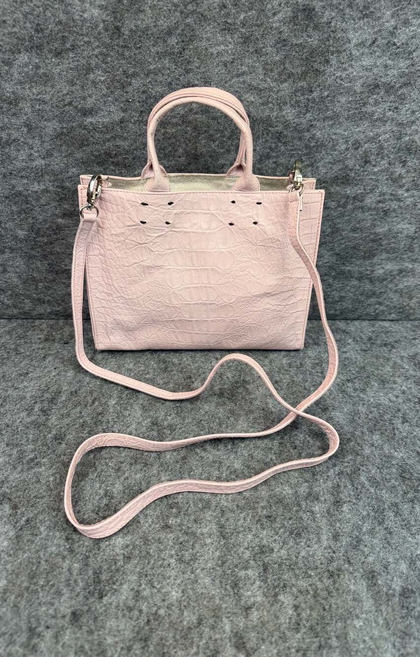Sarah Stewart The Adelaide Handbag in Pink Croco-Embossed Leather